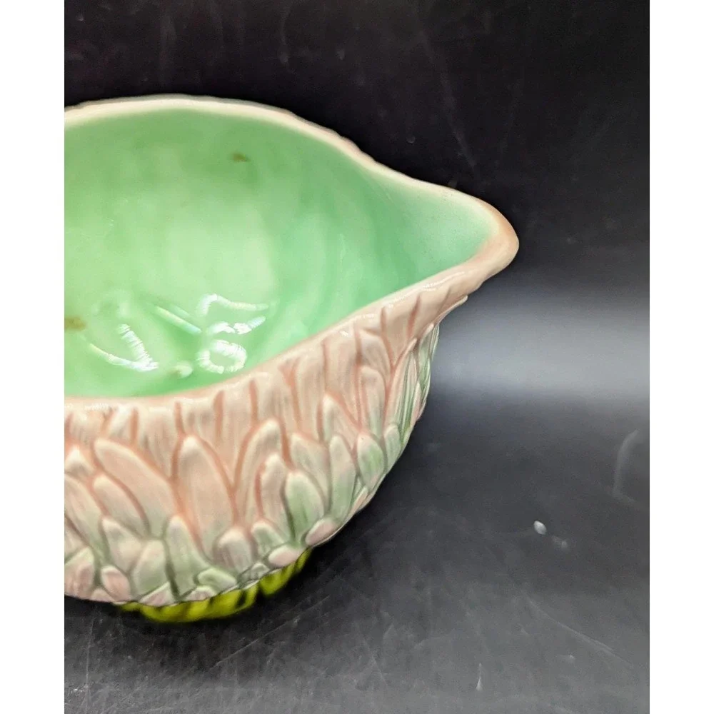 Vintage Majolica Water Lilly Floral Sauce Boat Creamer W Handle 3
